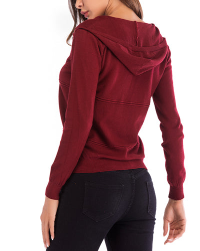 Solid Color Hooded Zipper Long Sleeve Knit Cardigan