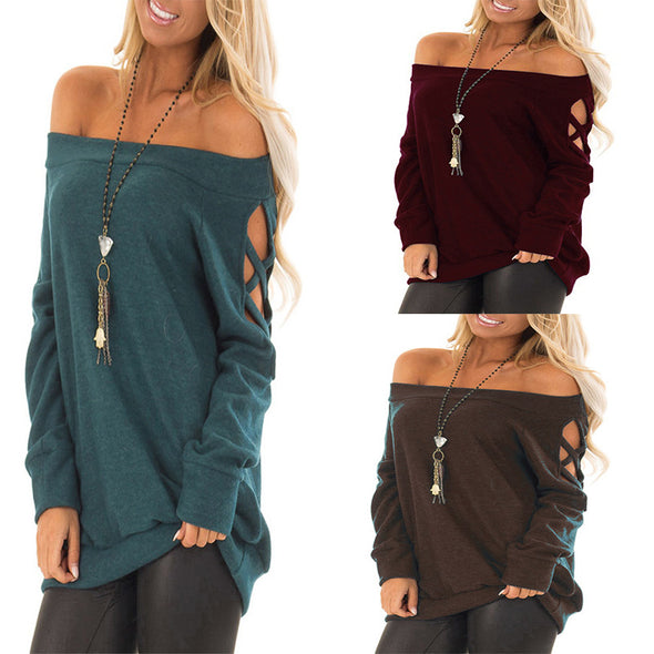 Off-The-Shoulder Long Sleeve Casual T-Shirt