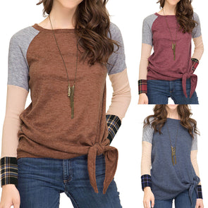 Plaid Stitching Hem Knotted T-Shirt