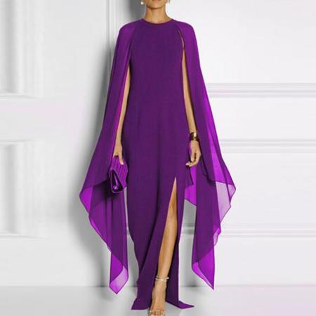 Long-Sleeved Cape Open Sleeve High Slit Plain Chiffon Maxi Dress