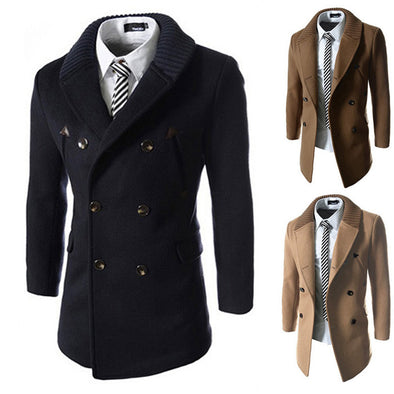 New Knit Collar Stitching Men's Slim Mid-length Woolen Coat