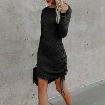 Pure Color Bandage Long Sleeve Slim Bodycon Dress