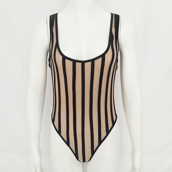 New Striped Mesh Sexy Bodysuit