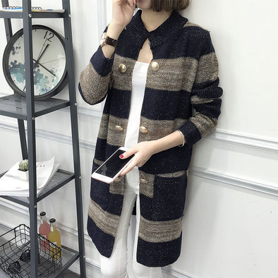 Striped Long-Sleeved Knit Cardigan