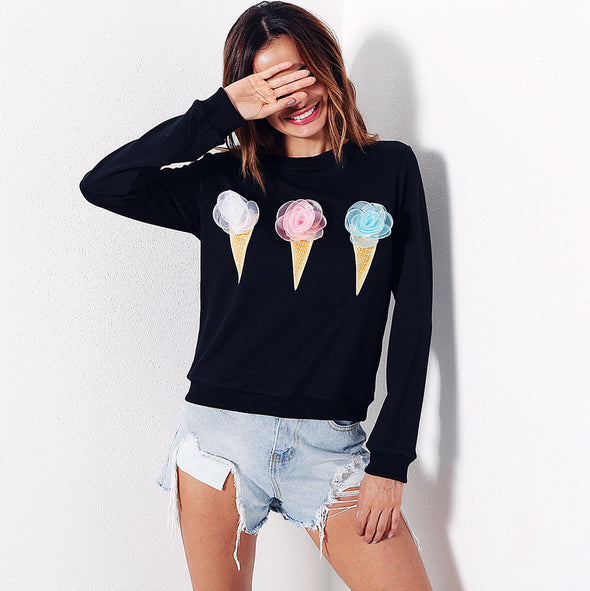 Simple Solid O-Neck Ice Cream Pattern Sweatshirt