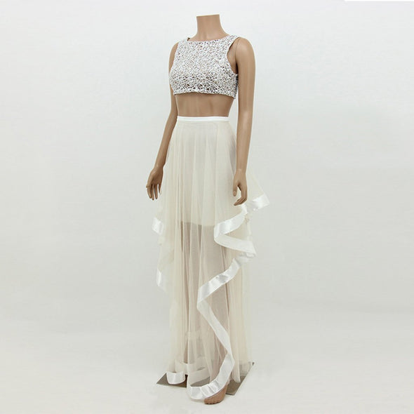 Geometric Pattern Net Yarn Irregular Wedding Skater Dress