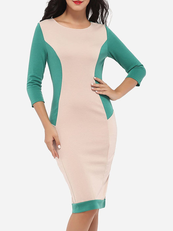 Round Neck  Color Block Bodycon Dress