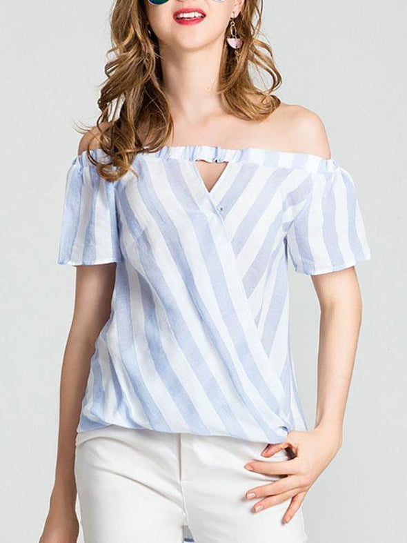 Stripe Print Sexy Off-Shoulder Collar Short Sleeve Chest Cross T-Shirt