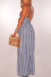 Fashion Backless Slit Stripe Wide Leg Jumpsuit