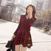 Women's waist red plaid long sleeve dress