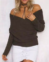 V-Neck Long-Sleeved Solid Color Sweater