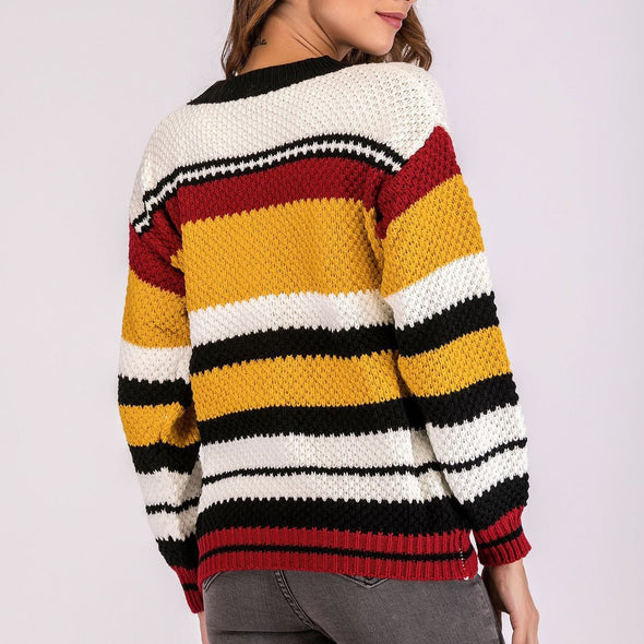 Striped Contrast  Sweater Round Neck Turtleneck Sweater Was Thin