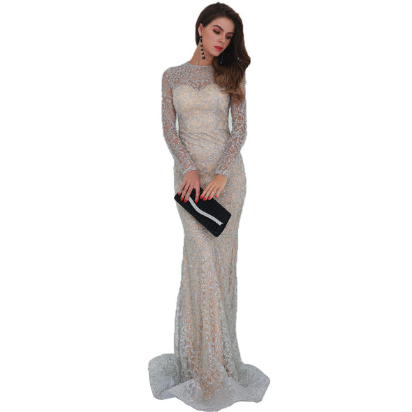 Sexy O-neck Long Sleeve Perspective Sequin Evening Dress