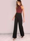 Fashion Hanging-Neck Off Shoulder Sequin Stitching Flare Jumpsuit