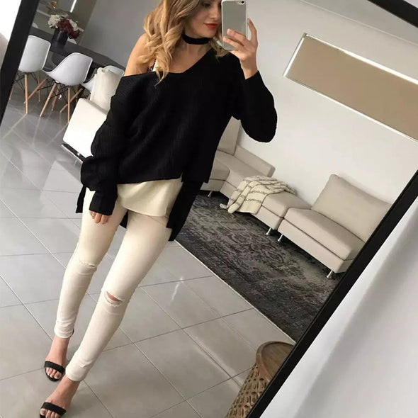 Irregular Strapless Shoulder V- neck Sweaters