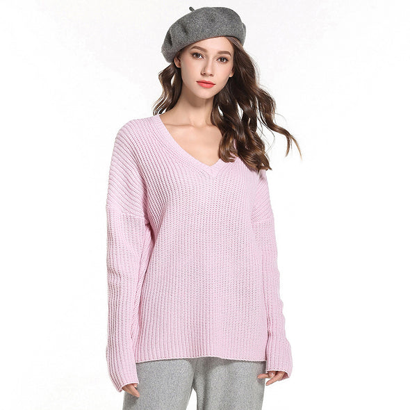 Solid Color V- neck Long Sleeve Sweaters