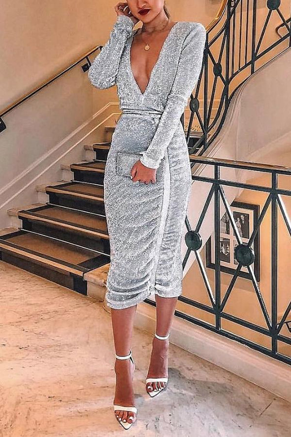 Sexy V Collar Sequin Long Sleeve Bodycon Dresses