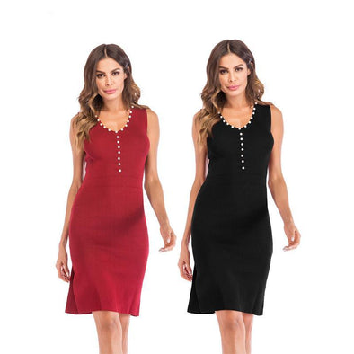 Fashion V-neck solid color sleeveless beaded knitted dress