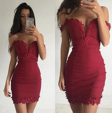 Sexy Deep V-Neck Lace Slim Sling Collapsed Shoulder Bodycon Dress