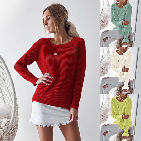 Split Loose Round Neck Long Sleeve Sweaters