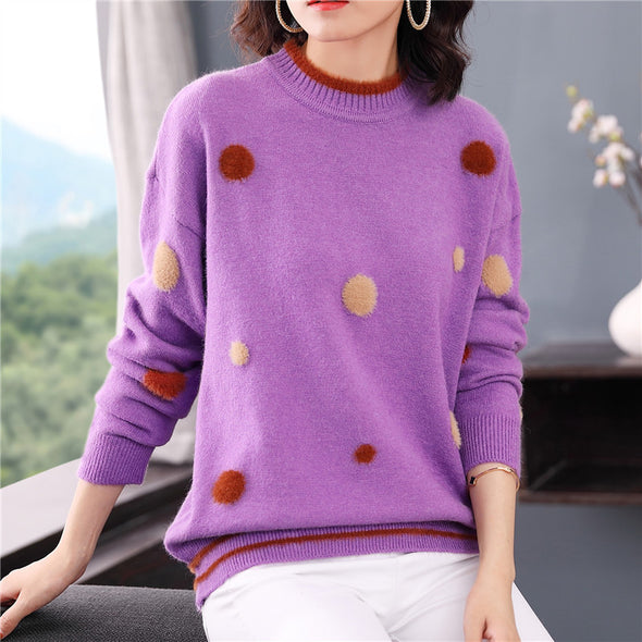 O-Neck Hairy Large Dot Anti-Pilling Sweater