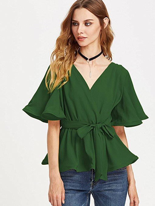 Fashion V-neck solid color with trumpet sleeve chiffon shirt