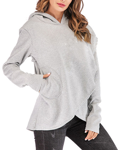 Long-Sleeved Fleece Solid Color Irregular Hooded Sweatshirt