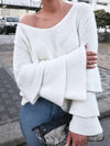 Trumpet Sleeve V-Neck Solid Color Knit Sweater