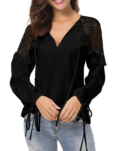 Lace-Paneled V-Neck Long-Sleeved Chiffon Shirt