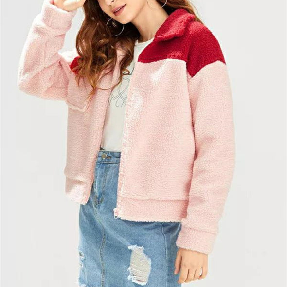 Plush Colorblock Zipper Pocket Patch Coat