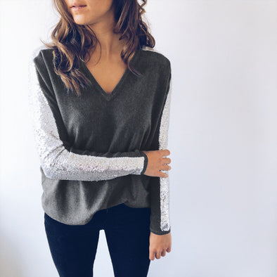 Sexy V-Neck Sequin Stitching Sweatshirt