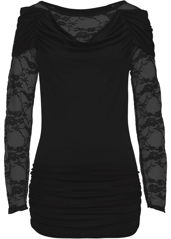 Long-Sleeved Lace Stitching Piled T-Shirt