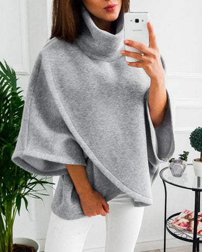 High Collar Bat Sleeve Loose Solid Color Sweater