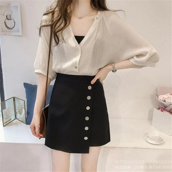 Solid color V-neck cropped sleeve chiffon shirt