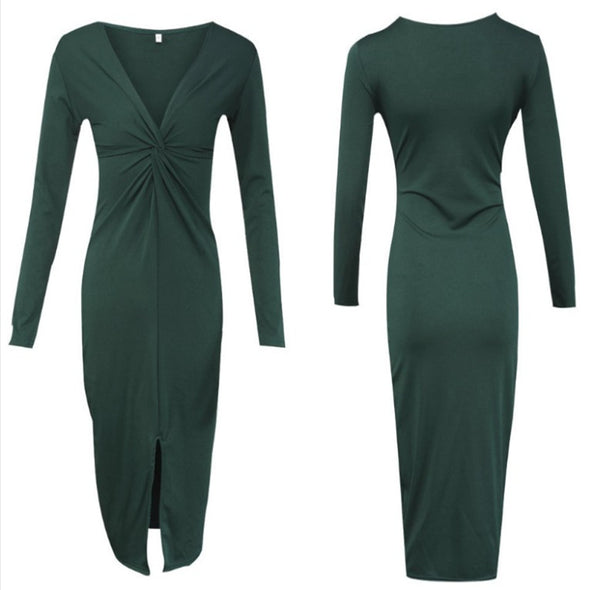 Sexy V Neck Split Long Sleeve Bodycon Dress