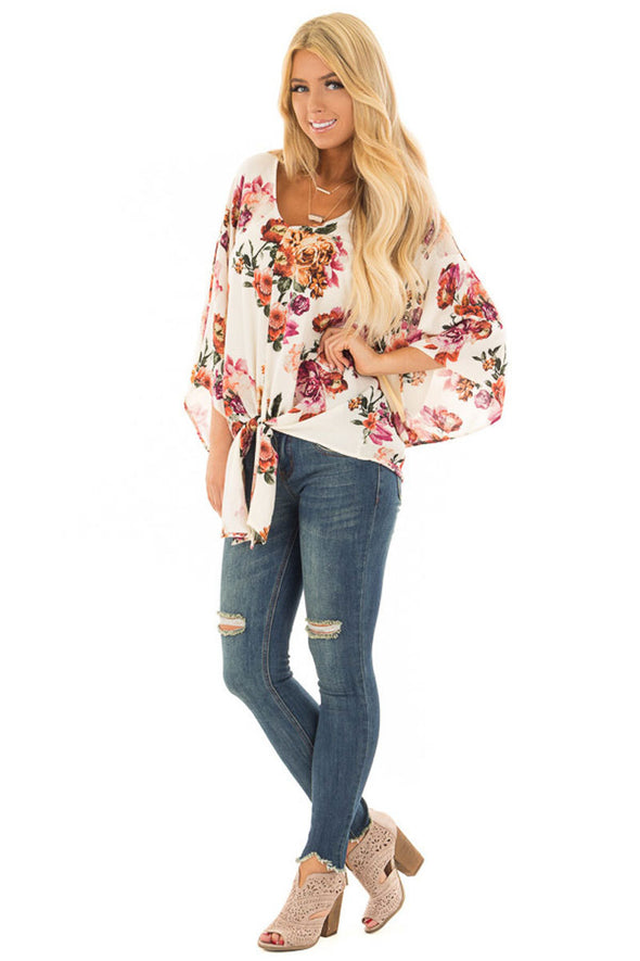 Women's V-neck knotted trumpet sleeve printed chiffon shirt