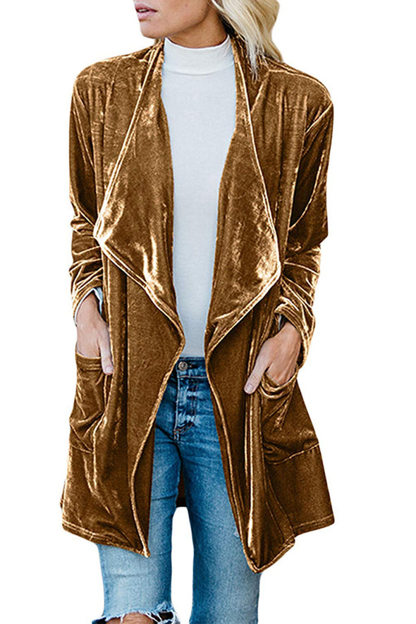 Fashion Gold Velvet Long Trench Cardigan Coat