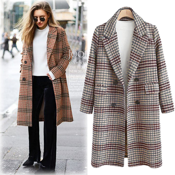 Fashion Check Long Sleeve Lapel Woolen Coat