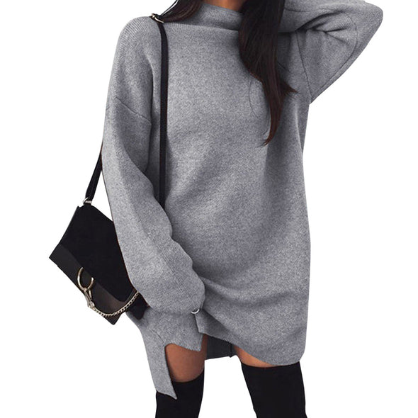 New Casual Large Size Loose Knit Turtleneck Split Sweater