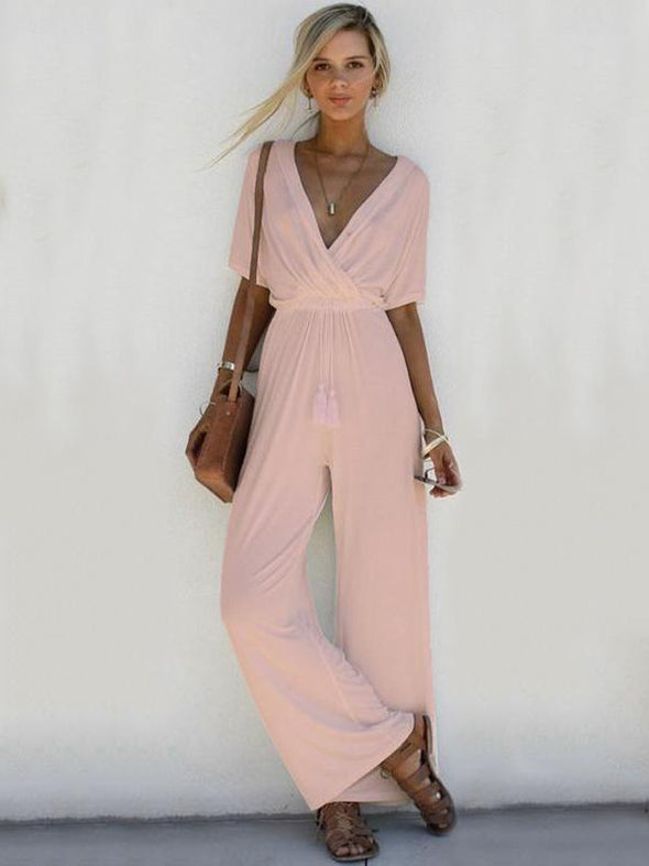 Solid Color V-Neck Wide Leg Jumpsuits Bottoms