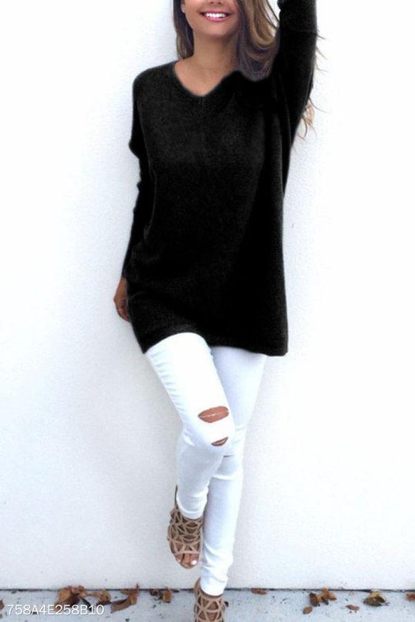 V Neck  Loose Fitting  Plain Sweaters