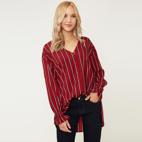 Striped V-neck Flare sleeve Single-breasted Chiffon Shirt