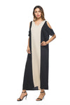 Fashion Color Stitching V-Neck Off Shoulder Maxi Dress