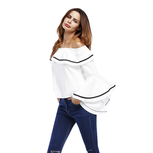 Women's off-the-shoulder collar trumpet sleeve T-shirt