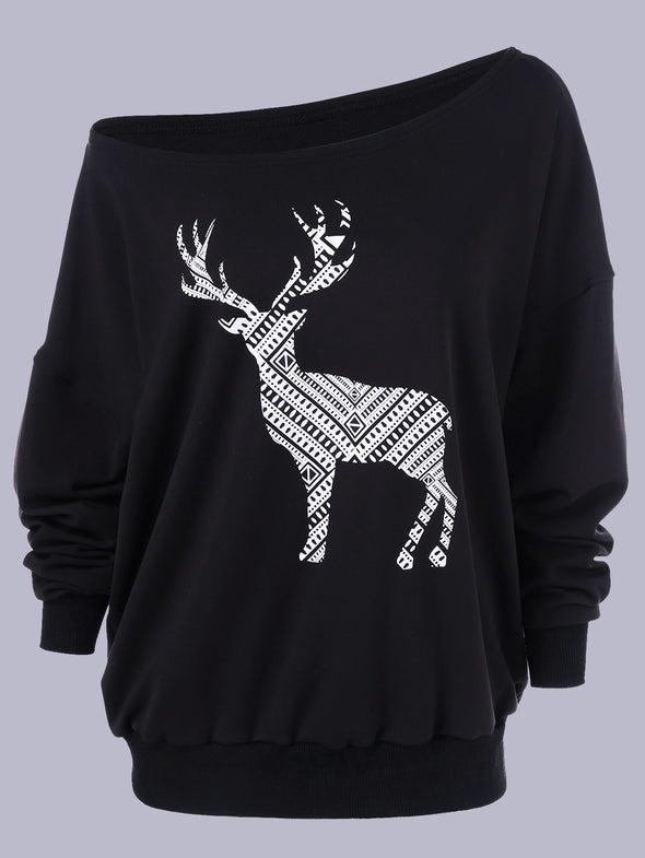 Simple Slash Neck Printed Long Sleeve Sweatshirt