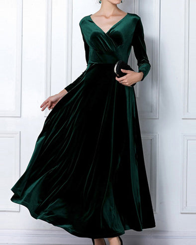 Elegant Long Sleeve V-Neck Velvet Maxi Dress