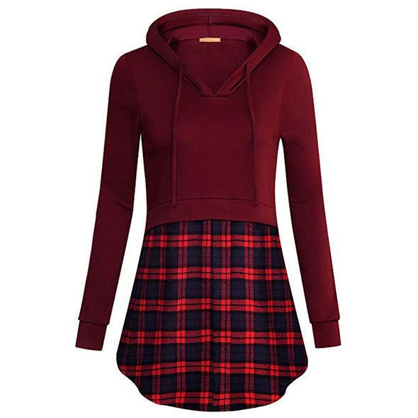 Long Sleeve Hooded Plaid Stitching Casual Irregular Sweatshirt