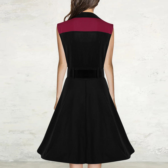 Fashion Square Collar Contrast Sleeveless Belt Dress