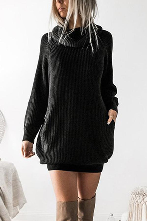 Fashion High Collar Long Sleeves Sweater Mini Dress