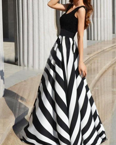 Striped Split Joint Sleeveless Evening Dress